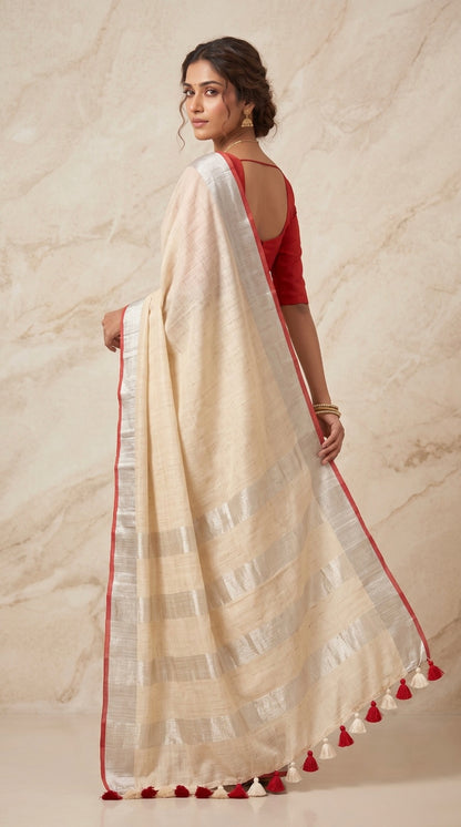 Cream Linen Cotton Saree