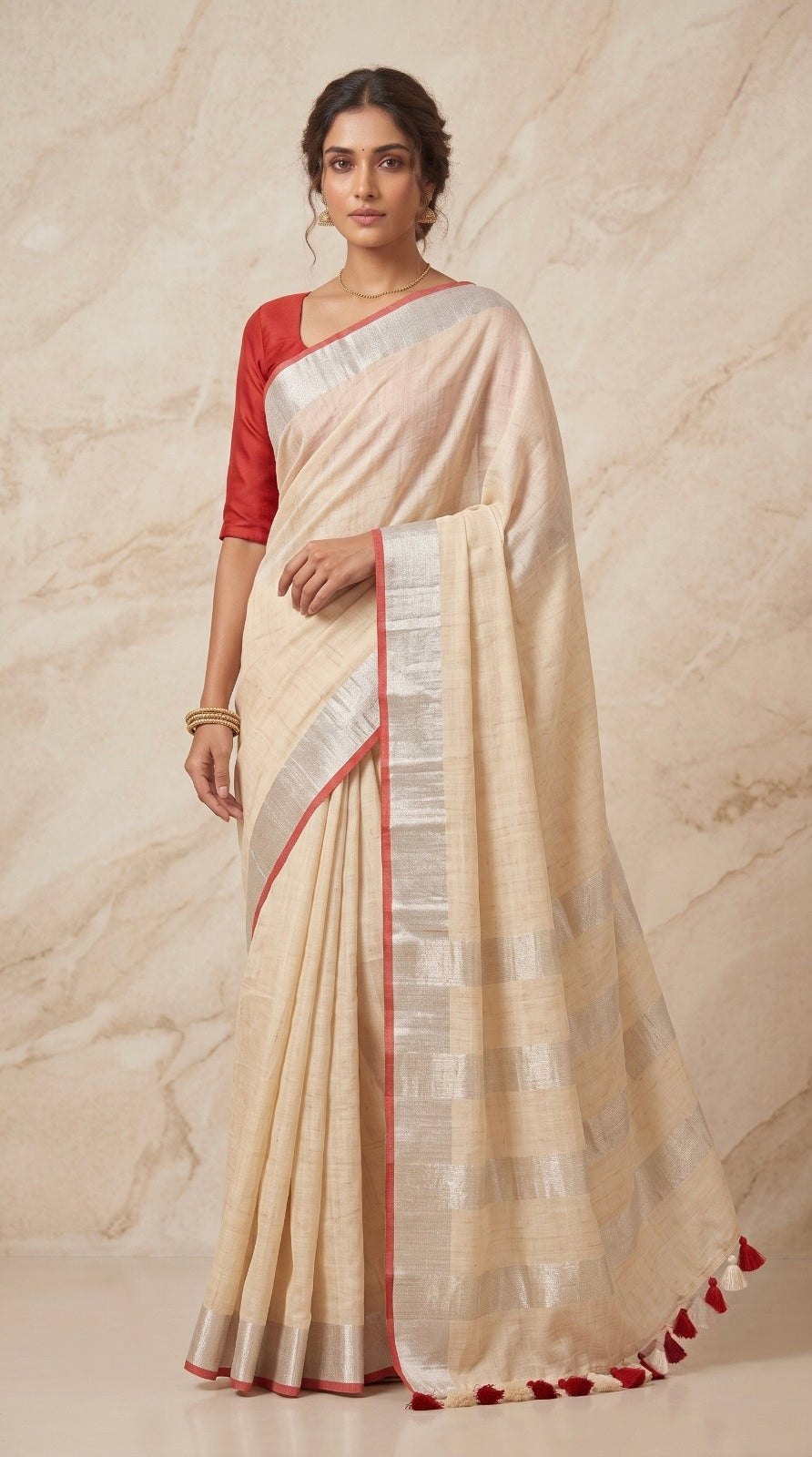 Cream Linen Cotton Saree