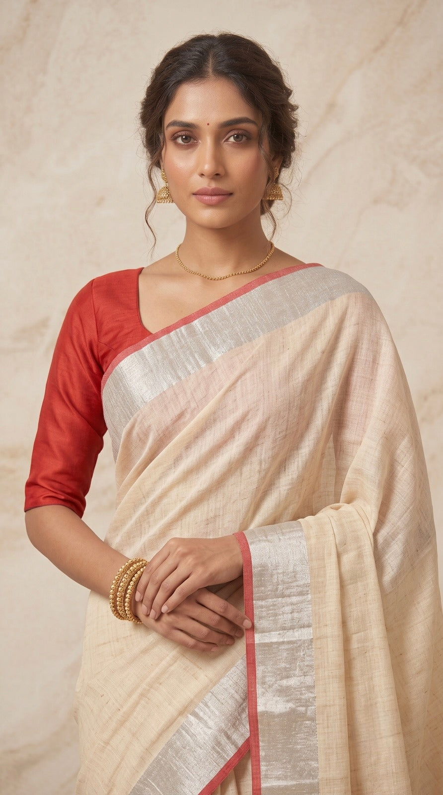 Cream Linen Cotton Saree