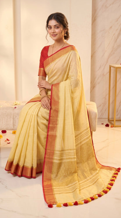 Pastel Yellow Linen Cotton Saree