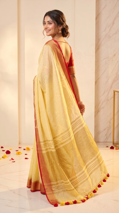 Pastel Yellow Linen Cotton Saree