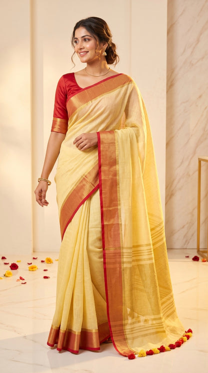 Pastel Yellow Linen Cotton Saree