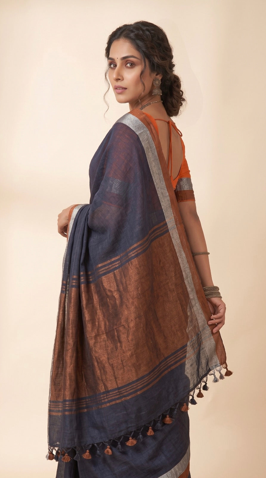 Navy Blue Linen Cotton Saree