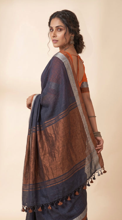 Navy Blue Linen Cotton Saree