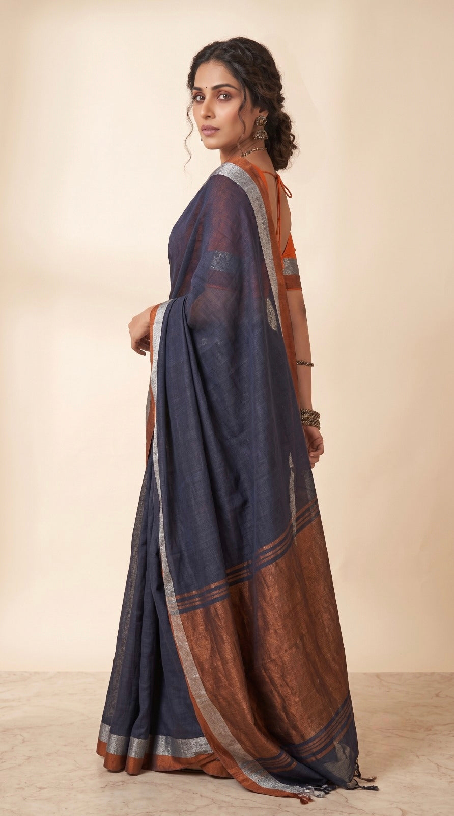 Navy Blue Linen Cotton Saree