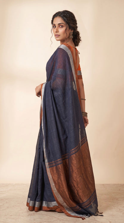 Navy Blue Linen Cotton Saree