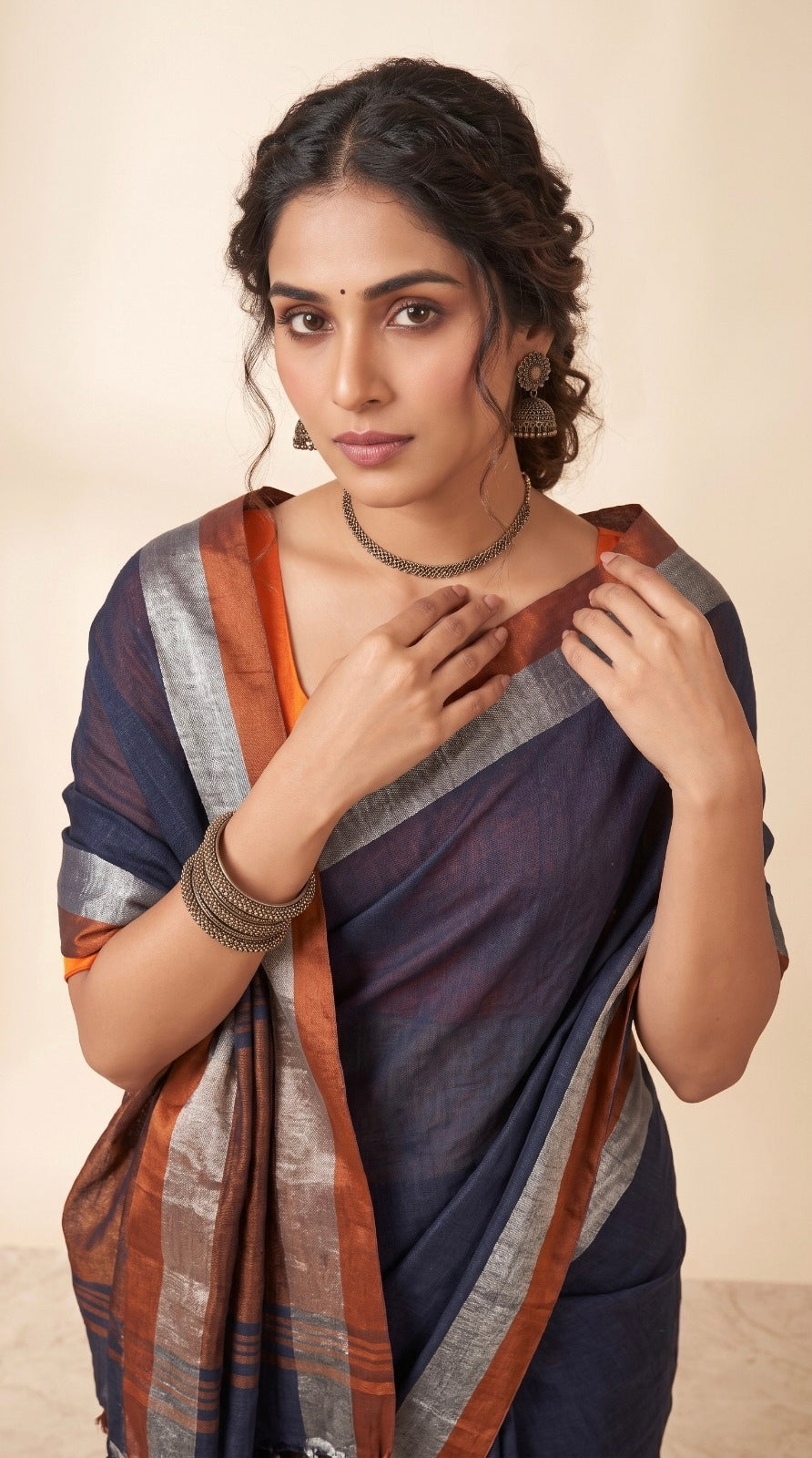 Navy Blue Linen Cotton Saree