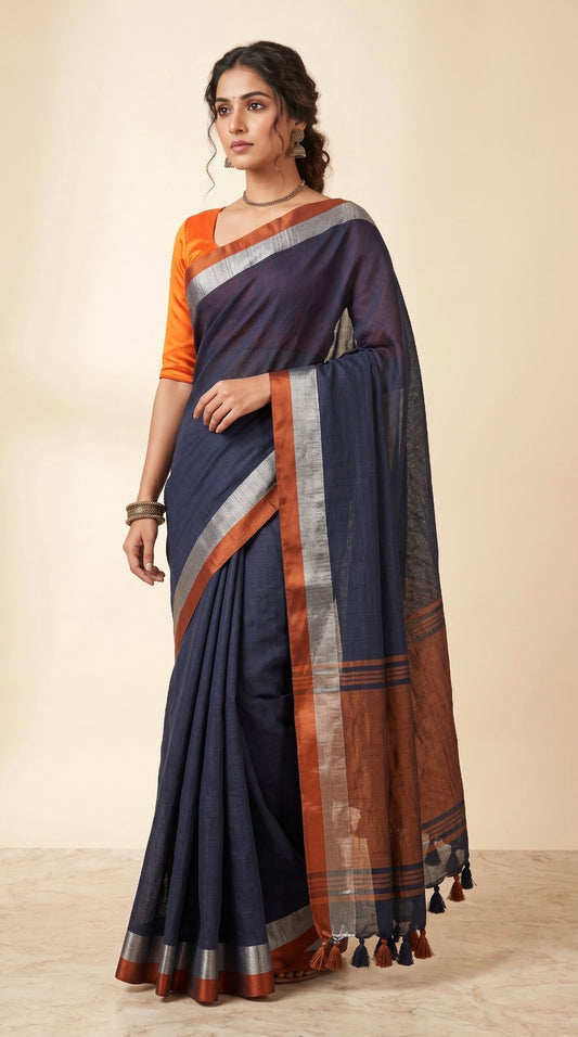 Navy Blue Linen Cotton Saree