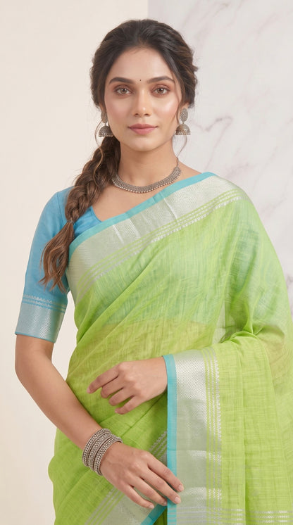 Lime Green Linen Cotton Saree