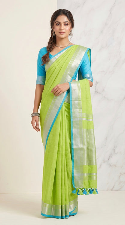 Lime Green Linen Cotton Saree