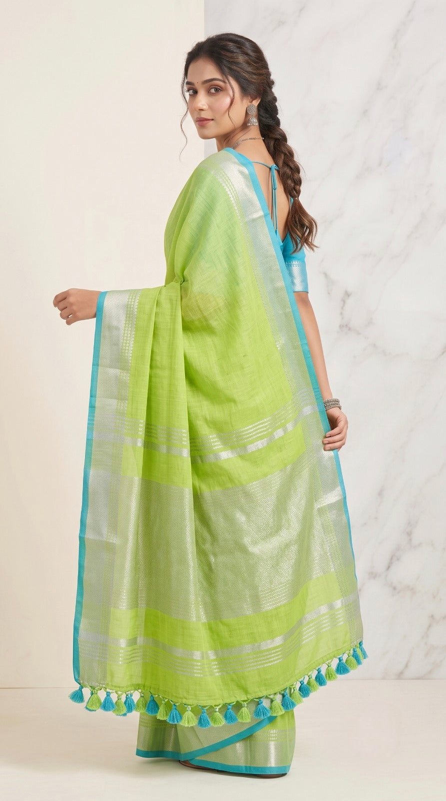 Lime Green Linen Cotton Saree