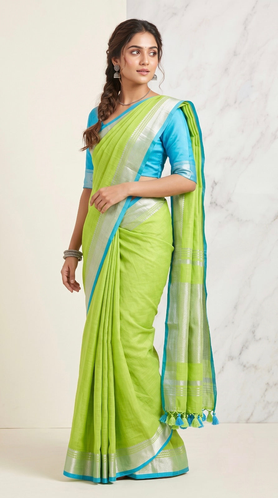 Lime Green Linen Cotton Saree