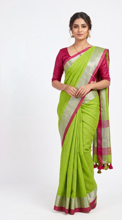 Lime Green Linen Cotton Saree