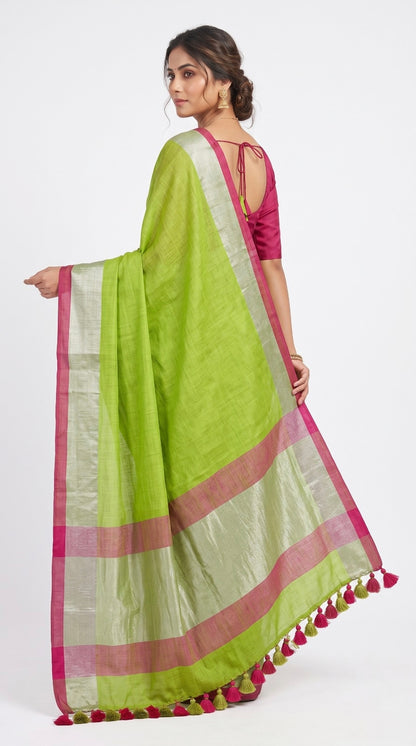 Lime Green Linen Cotton Saree