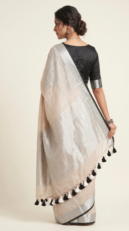 Ivory Beige Linen Cotton Saree
