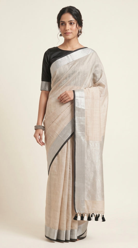 Ivory Beige Linen Cotton Saree