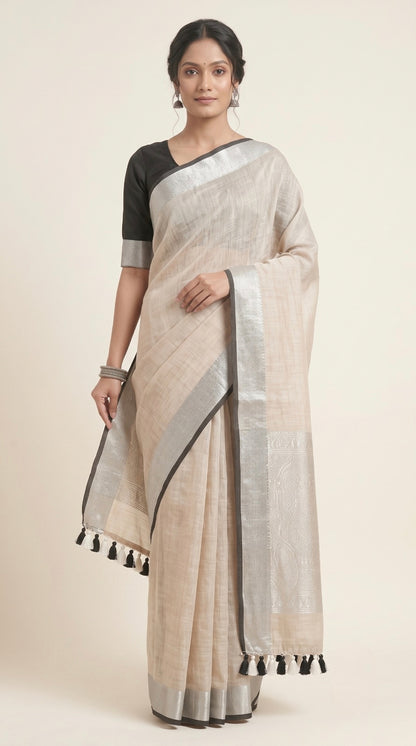 Ivory Beige Linen Cotton Saree
