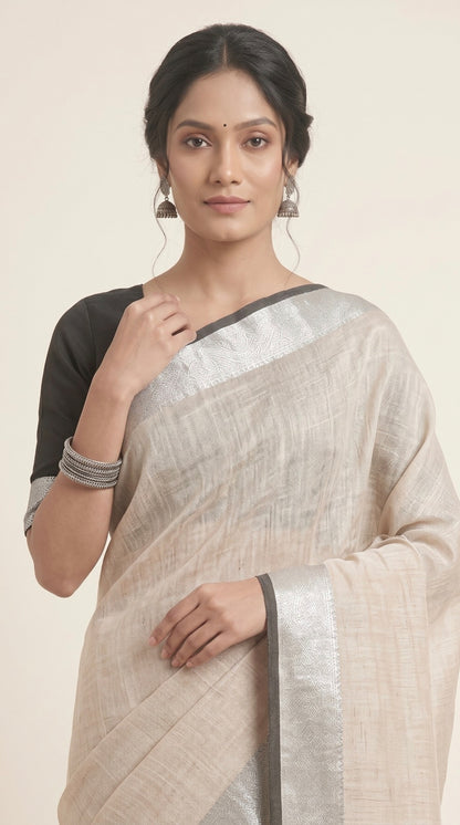 Ivory Beige Linen Cotton Saree