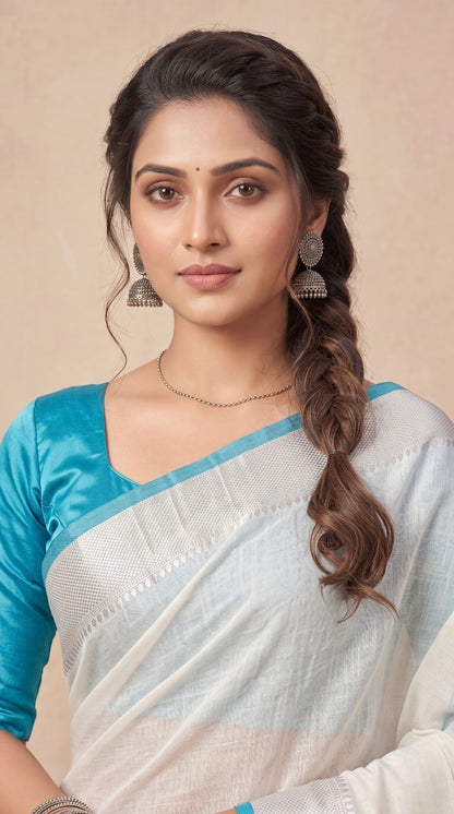 Pearl White Linen Cotton Saree