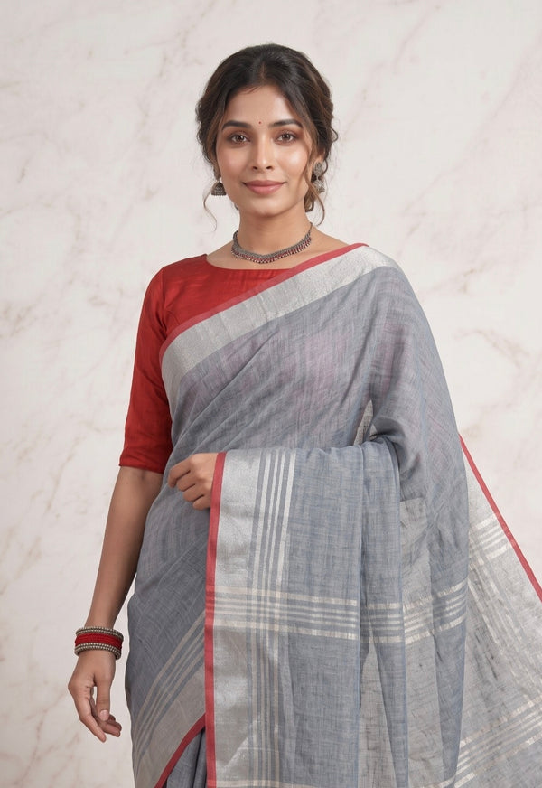 Steel Grey Linen Cotton Saree