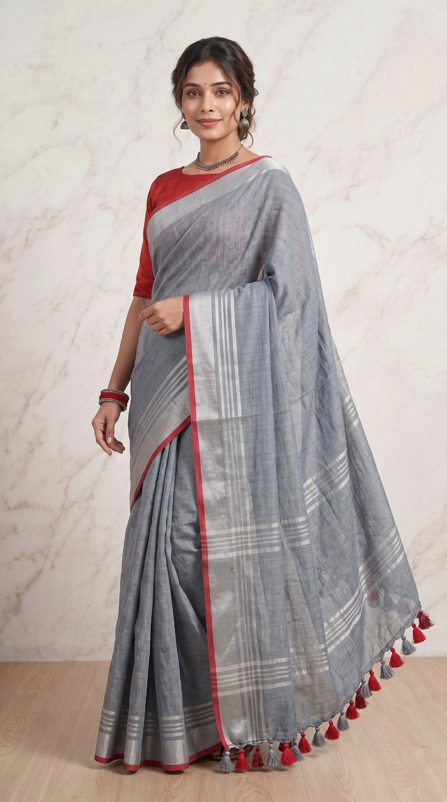 Steel Grey Linen Cotton Saree