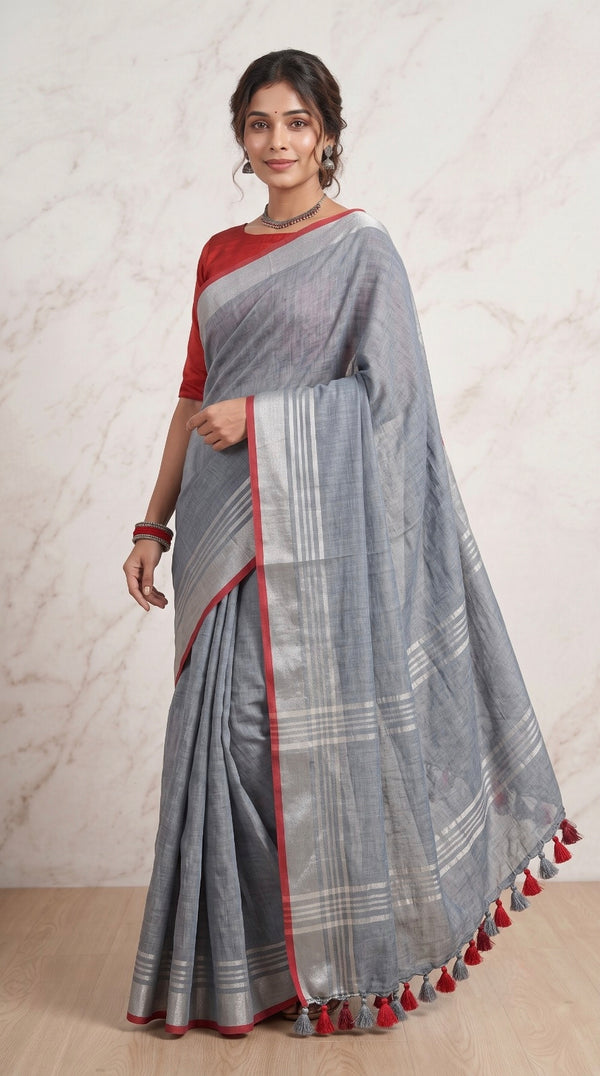 Steel Grey Linen Cotton Saree