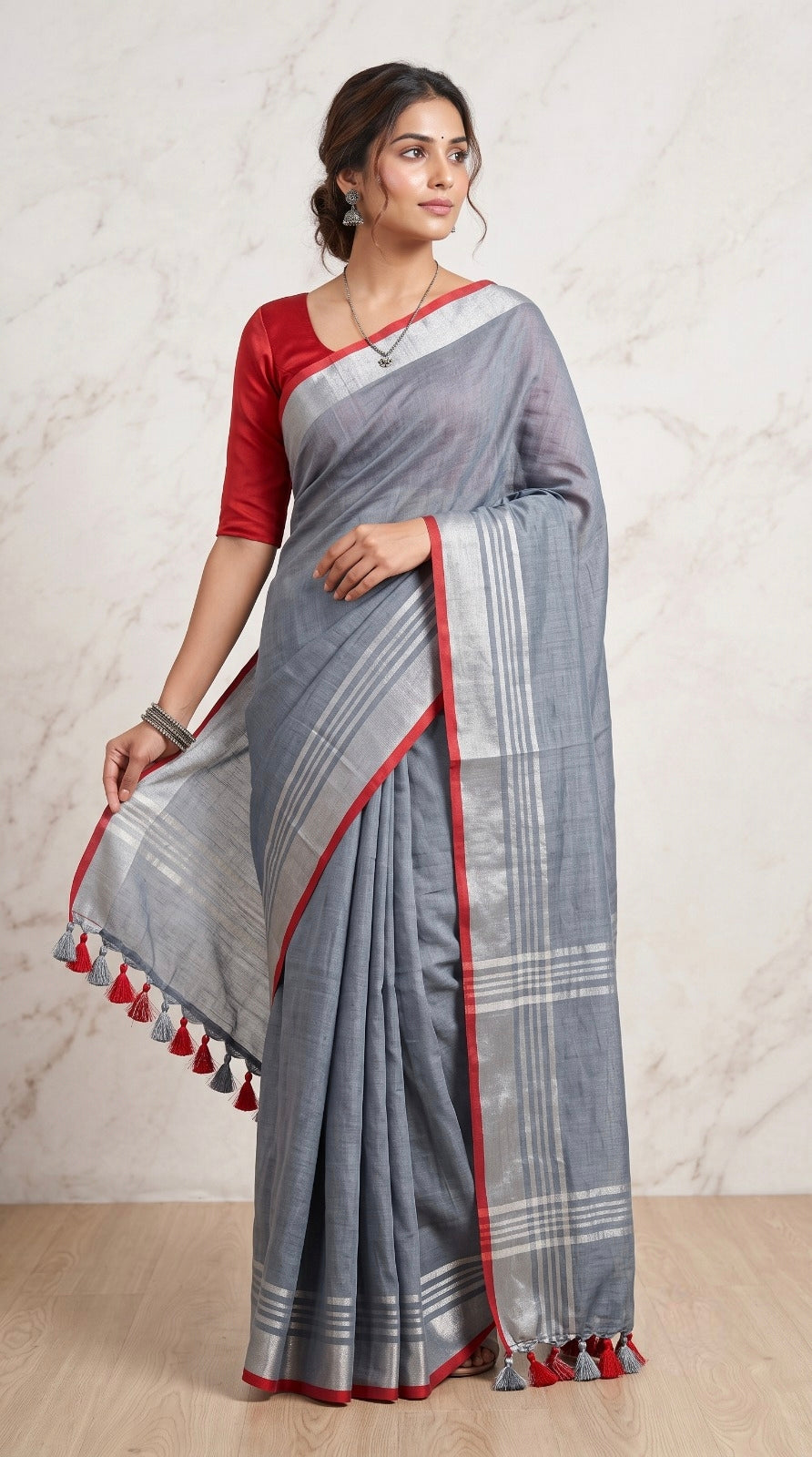 Steel Grey Linen Cotton Saree