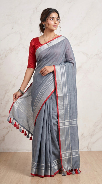 Steel Grey Linen Cotton Saree