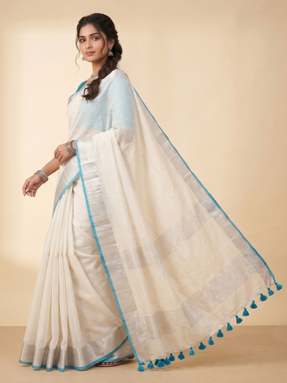 Pearl White Linen Cotton Saree