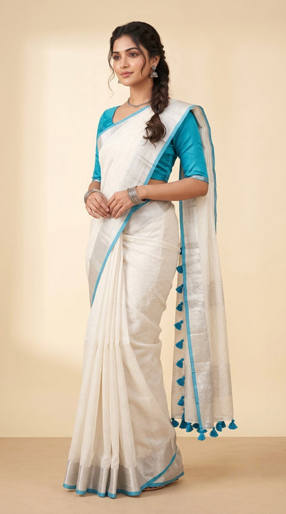 Pearl White Linen Cotton Saree