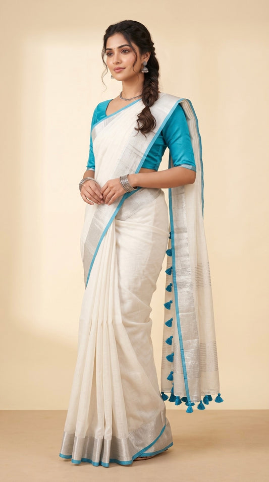 Pearl White Linen Cotton Saree