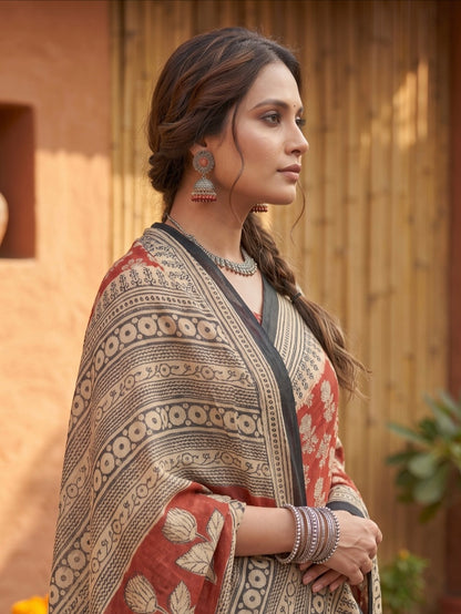 Red Black Handblock Mull Cotton Saree