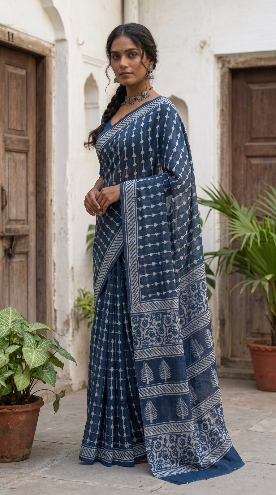 Indigo Leaf Print Mull Cotton Saree