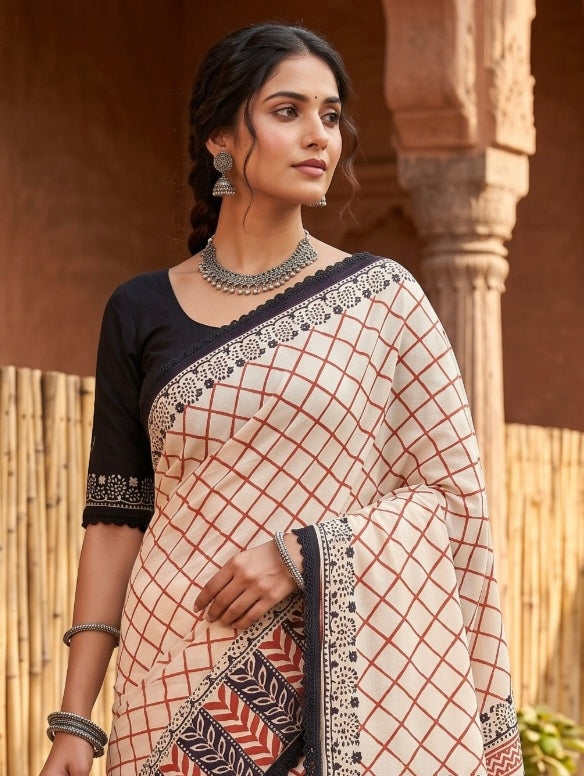 Ivory Black Handblock Mull Cotton Saree