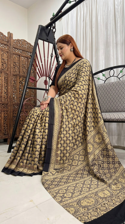 Cream Pure Modal Silk Ajrakh Print Saree