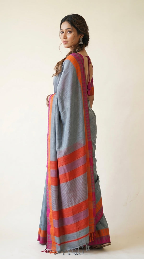 Grey Maheshwari Silk Saree with Temple Border