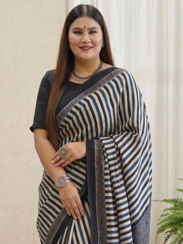 Indigo Ajrakh Pure Modal Silk Saree