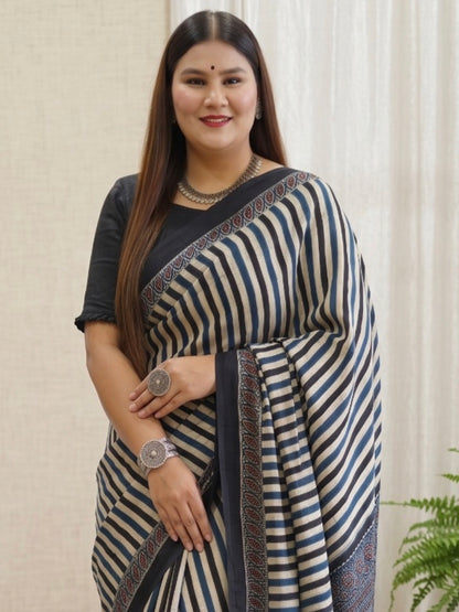 Indigo Ajrakh Pure Modal Silk Saree