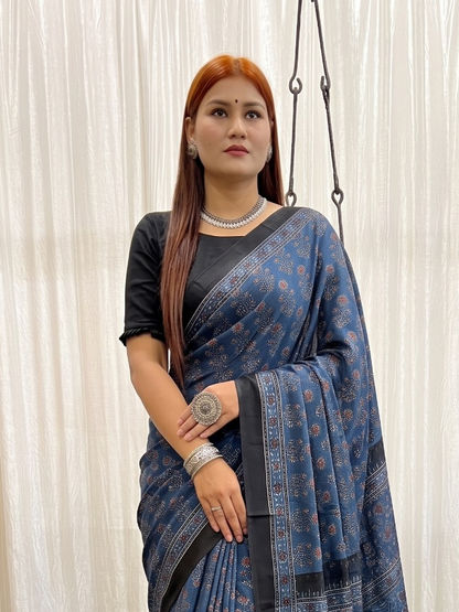 Indigo Ajrakh Pure Modal Silk Saree