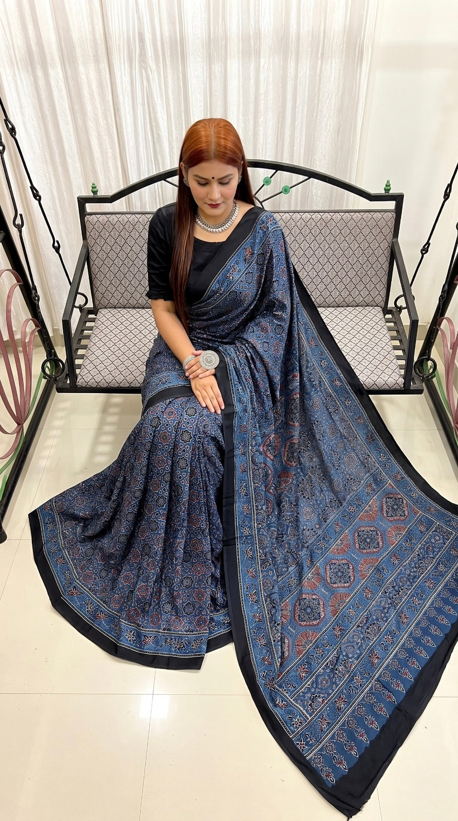 Indigo Ajrakh Pure Modal Silk Saree