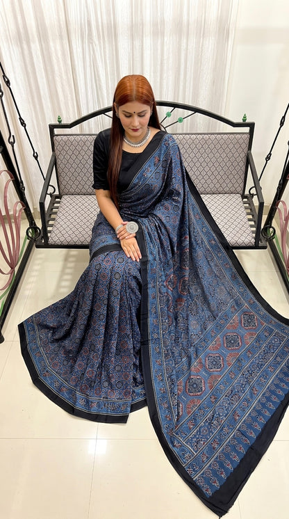 Indigo Ajrakh Pure Modal Silk Saree