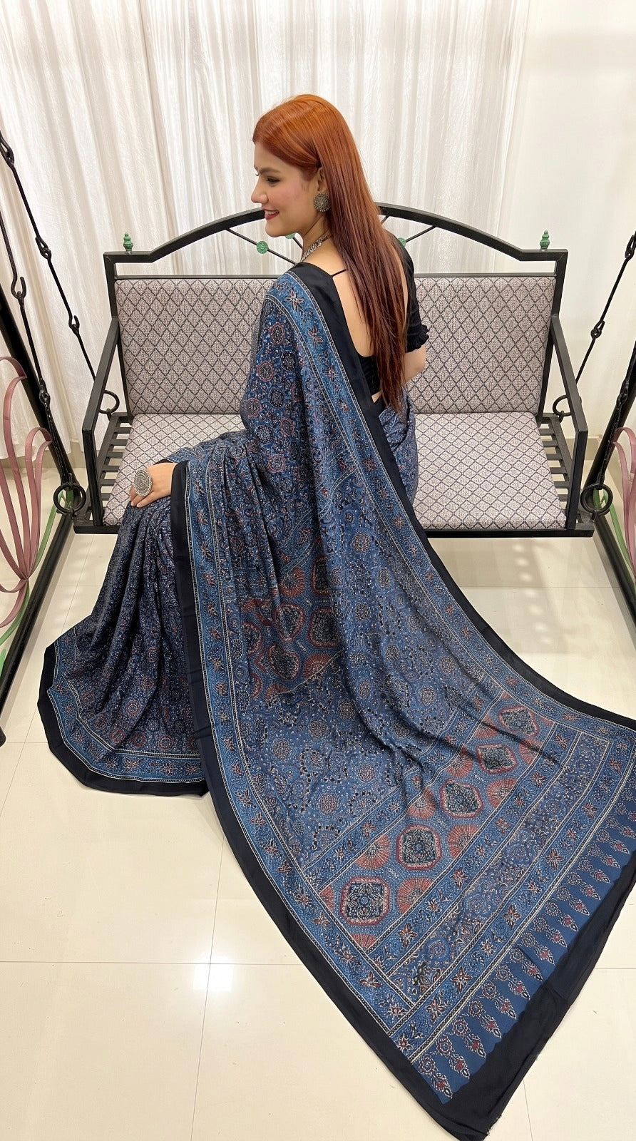 Indigo Ajrakh Pure Modal Silk Saree