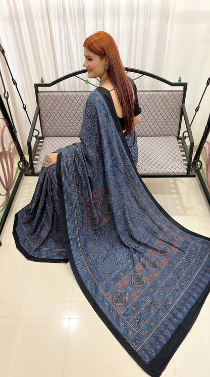 Indigo Ajrakh Pure Modal Silk Saree