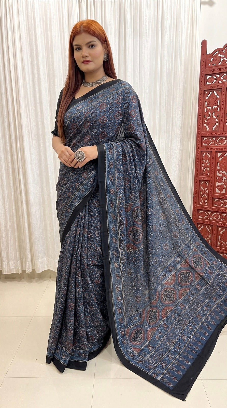 Indigo Ajrakh Pure Modal Silk Saree
