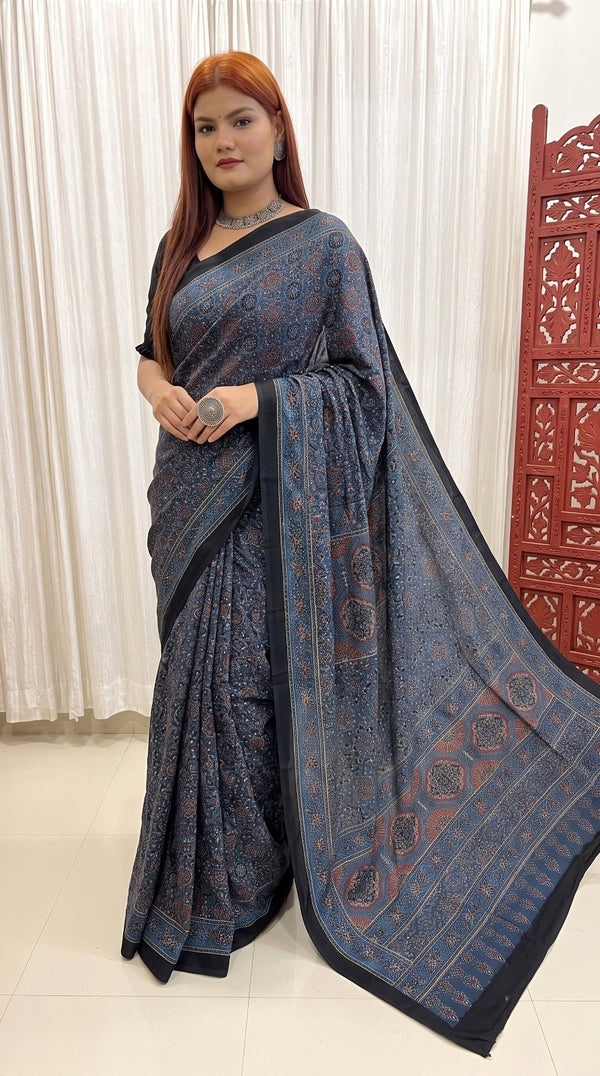 Indigo Ajrakh Pure Modal Silk Saree