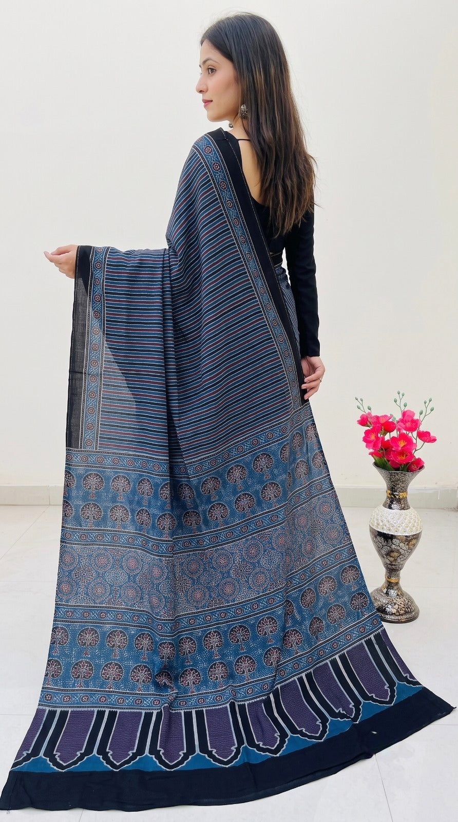 Indigo Pure Modal Silk Ajrakh Print Saree