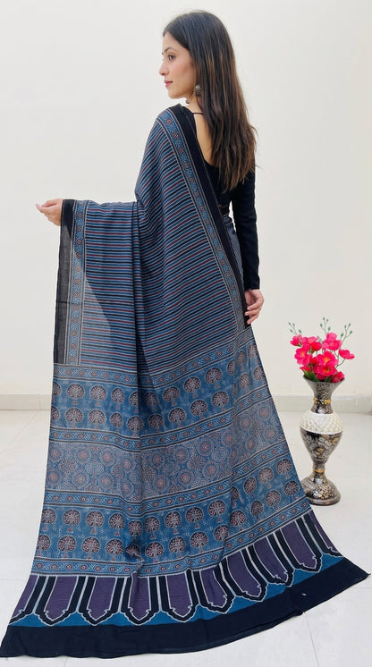 Indigo Pure Modal Silk Ajrakh Print Saree