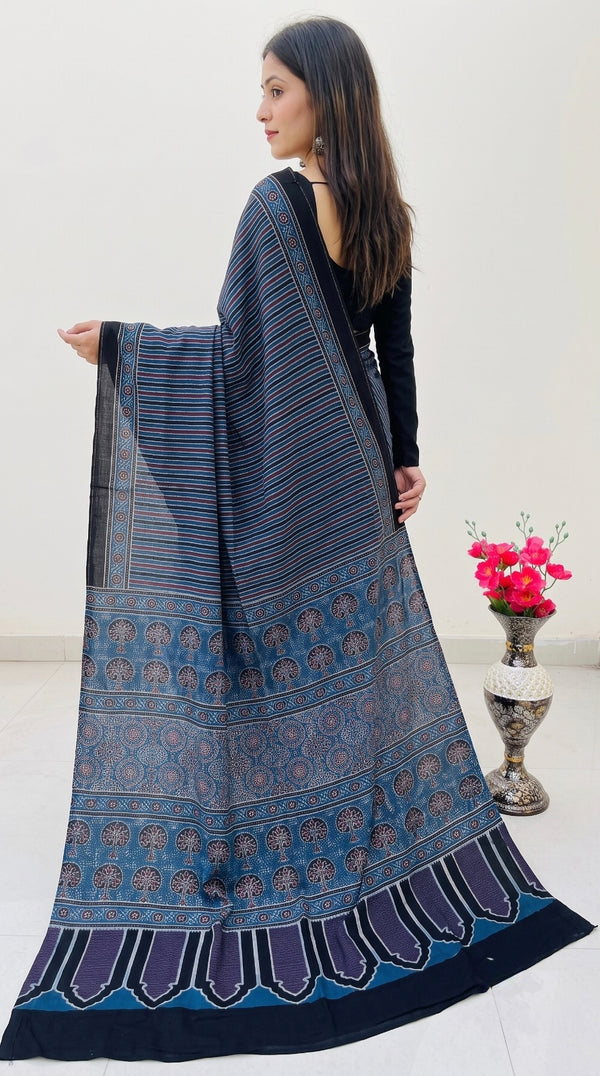 Indigo Pure Modal Silk Ajrakh Print Saree
