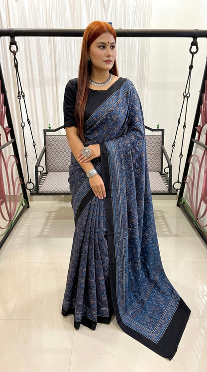 Indigo Pure Modal Silk Ajrakh Print Saree