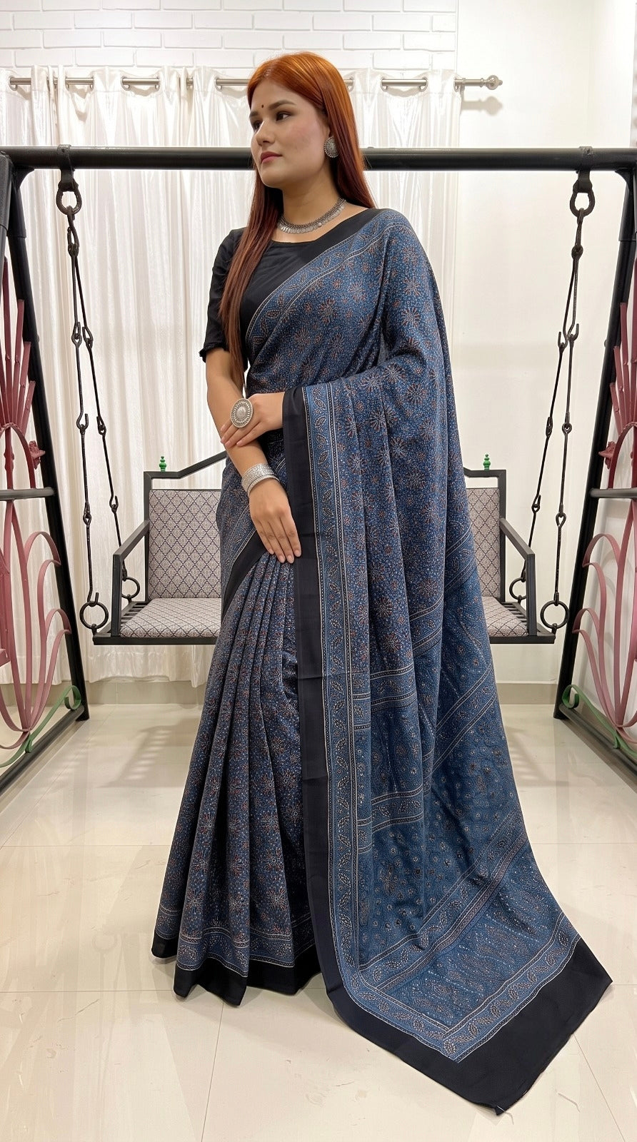 Indigo Pure Modal Silk Ajrakh Print Saree